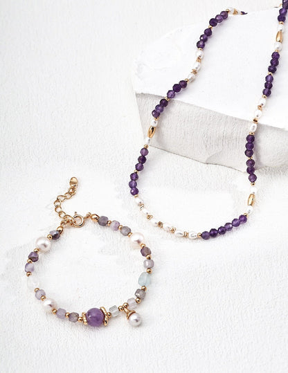 Violet Whisper - S925 Pearl, Amethyst & Aquamarine Bracelet - Necklace | Lierah