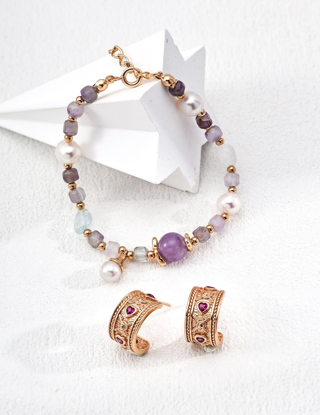 Violet Whisper - S925 Pearl, Amethyst & Aquamarine Bracelet - Earrings | Lierah