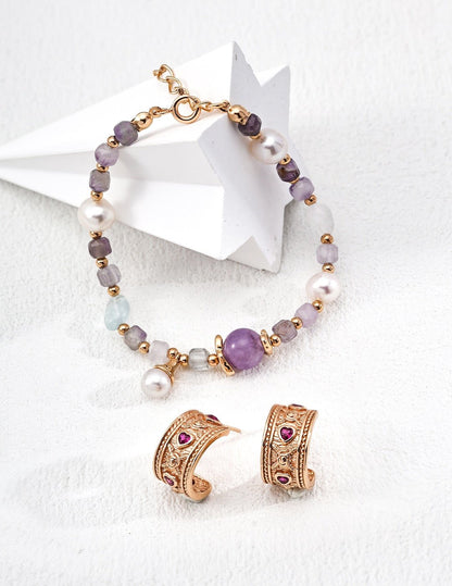 Violet Whisper - S925 Pearl, Amethyst & Aquamarine Bracelet - Earrings | Lierah