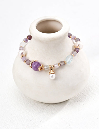 Violet Whisper - S925 Pearl, Amethyst & Aquamarine Bracelet - Bracelet | Lierah